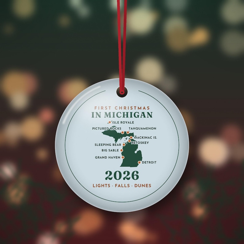 First Christmas in Michigan Ornament 2026, Michigan Map Christmas Ornament, New to Michigan Gift, Double Sided Metal image 2