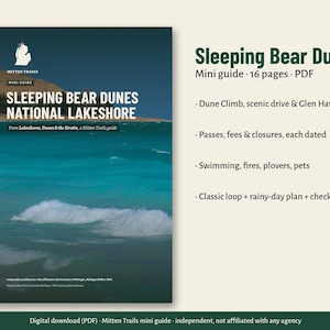 Op de afbeelding: Een 16-pagina tellende PDF-minigids getiteld Sleeping Bear Dunes National Lakeshore van Mitten Trails. De omslag toont een foto van turquoise water en zandduinen. De tekst somt de inhoud op, waaronder duinbeklimmingen en checklists.
