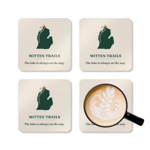 Mitten Trails Logo Coaster Set of 4, Four Identical Michigan Map Coasters, Lake and Road Trip Gift, High-Gloss MDF Top with Cork Back image 5