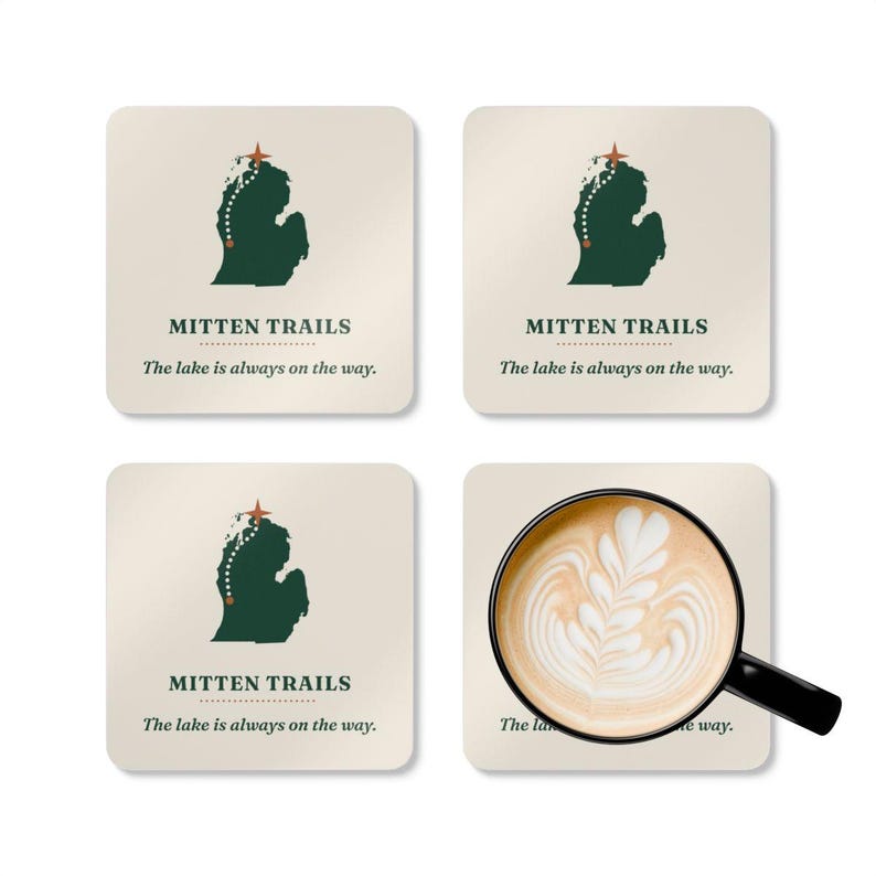 Mitten Trails Logo Coaster Set of 4, Four Identical Michigan Map Coasters, Lake and Road Trip Gift, High-Gloss MDF Top with Cork Back image 5