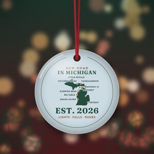 Adorno navideño "Nueva casa en Michigan 2026", mapa de Michigan, regalo de inauguración de casa, regalo de mudanza, adorno navideño de metal de doble cara. imagen 2