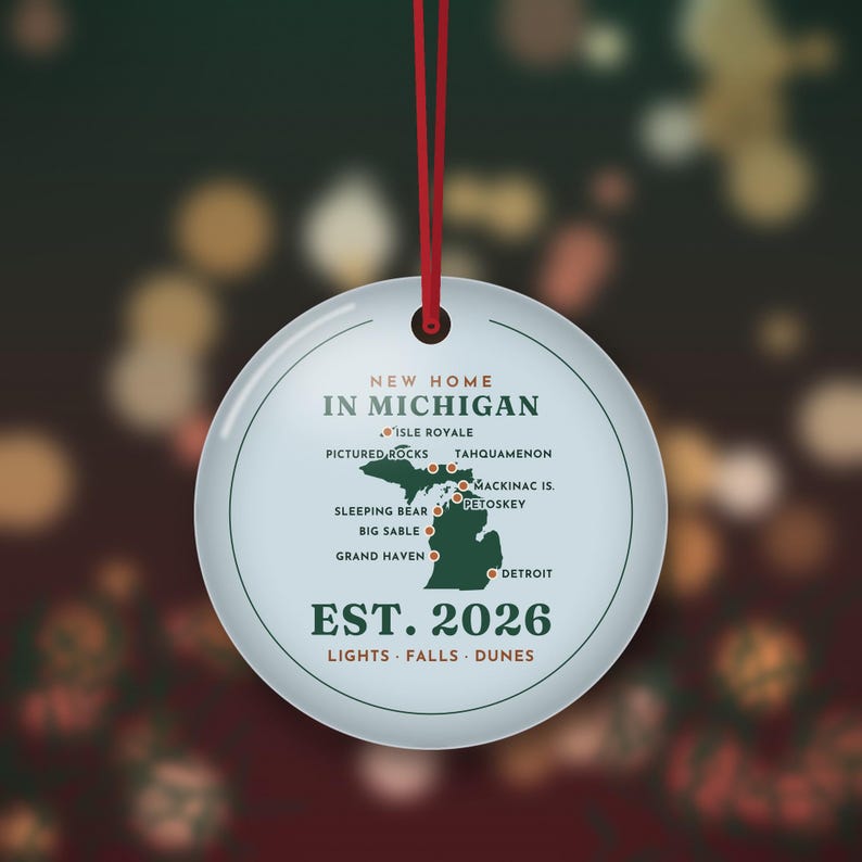 Adorno navideño "Nueva casa en Michigan 2026", mapa de Michigan, regalo de inauguración de casa, regalo de mudanza, adorno navideño de metal de doble cara. imagen 2