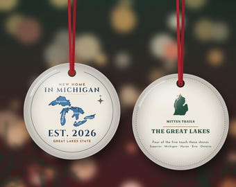 New Home in Michigan Ornament 2026, Great Lakes Map Housewarming Gift, Lake House Christmas Ornament, Double Sided Metal