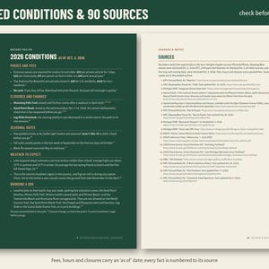 May include: A two-page informational document titled DATED CONDITIONS & 90 SOURCES. The left page features 2026 CONDITIONS with sections on passes, fees, closures, seasonal dates, weather, and pets. The right page lists numbered sources and notes.