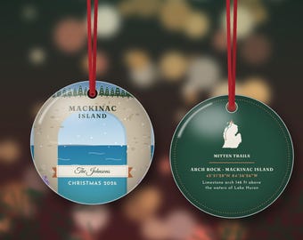 Mackinac Island Ornament 2026, Arch Rock Personalized Family Name Christmas Ornament, Lake Huron Gift, Double Sided Metal