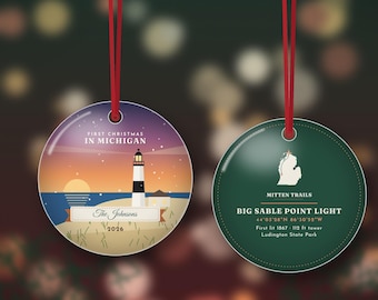 First Christmas in Michigan Ornament 2026, Personalized Family Name, Big Sable Lighthouse, Lake Michigan Gift, Double Sided Metal