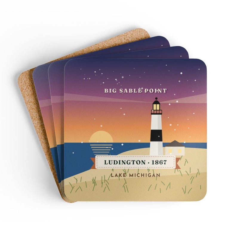 Big Sable Point Lighthouse Coaster Set of 4, Four Identical Coasters, Ludington Michigan Gift, High-Gloss MDF Top with Cork Back image 6