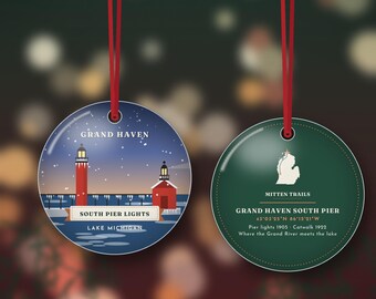 Grand Haven Lighthouse Christmas Ornament, Red Pier Lights and Catwalk in Winter Ice, Lake Michigan Gift, Double Sided Metal