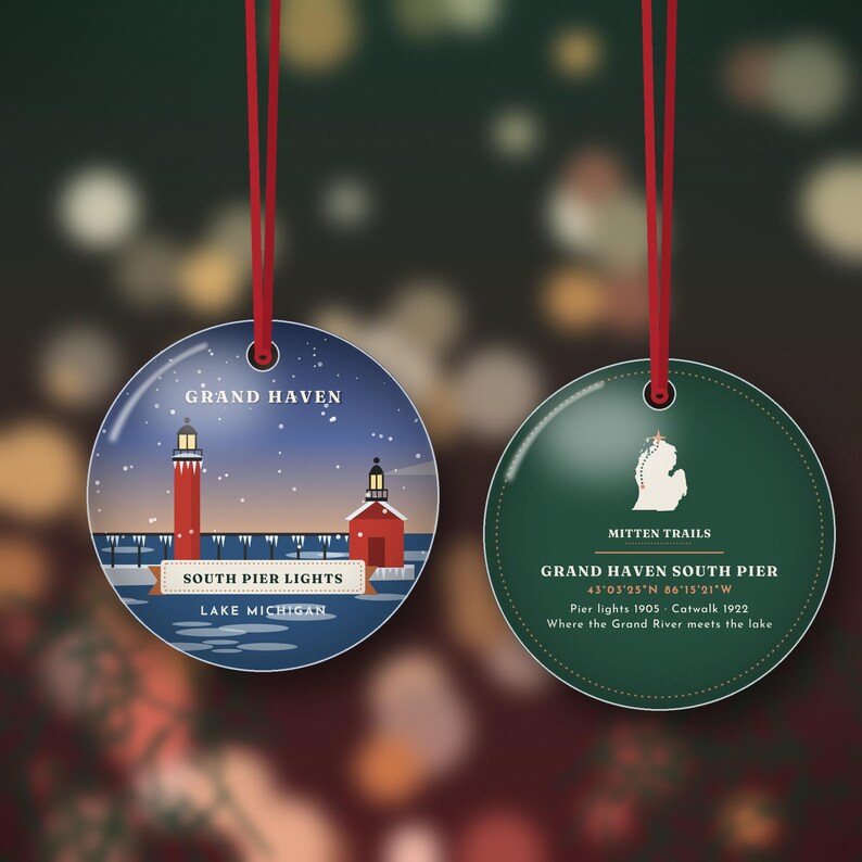 Grand Haven Lighthouse Christmas Ornament, Red Pier Lights and Catwalk in Winter Ice, Lake Michigan Gift, Double Sided Metal image 1