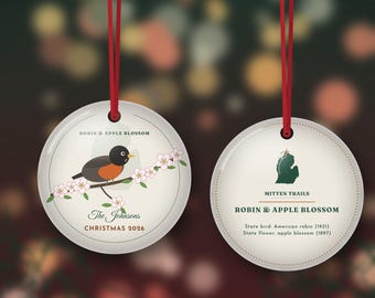 Michigan Robin Ornament 2026, Apple Blossom Personalized Family Name, State Bird and Flower Christmas Gift, Double Sided Metal