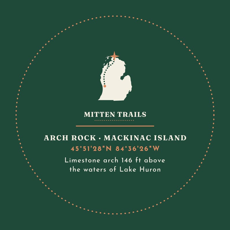 May include: A circular dark green graphic print featuring a white silhouette of Michigan with a dotted path and star. Text reads: MITTEN TRAILS, ARCH ROCK MACKINAC ISLAND, 45&deg;51'28"N 84&deg;36'26"W, and Limestone arch 44.5 metres above the waters of Lake Huron.