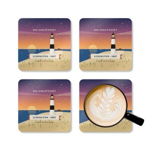 Big Sable Point Lighthouse Coaster Set of 4, Four Identical Coasters, Ludington Michigan Gift, High-Gloss MDF Top with Cork Back image 5