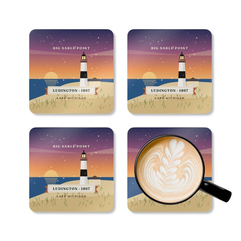 Big Sable Point Lighthouse Coaster Set of 4, Four Identical Coasters, Ludington Michigan Gift, High-Gloss MDF Top with Cork Back image 5