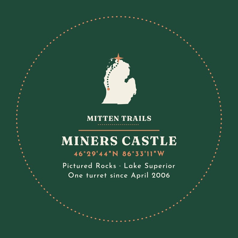 K&ouml;nnte beinhalten: Eine dunkelgr&uuml;ne kreisf&ouml;rmige Grafik mit einer cremefarbenen Karte von Michigan, einem gepunkteten Pfad und einem Stern. Der Text lautet: MITTEN TRAILS, MINERS CASTLE, 46&deg;29'44"N 86&deg;33'11"W, Pictured Rocks, Lake Superior, One turret since April 2006.