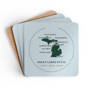 Michigan Mitten Map Coaster Set of 4, Four Identical Coasters, Both Peninsulas with Pinned Places, High-Gloss MDF Top with Cork Back image 6