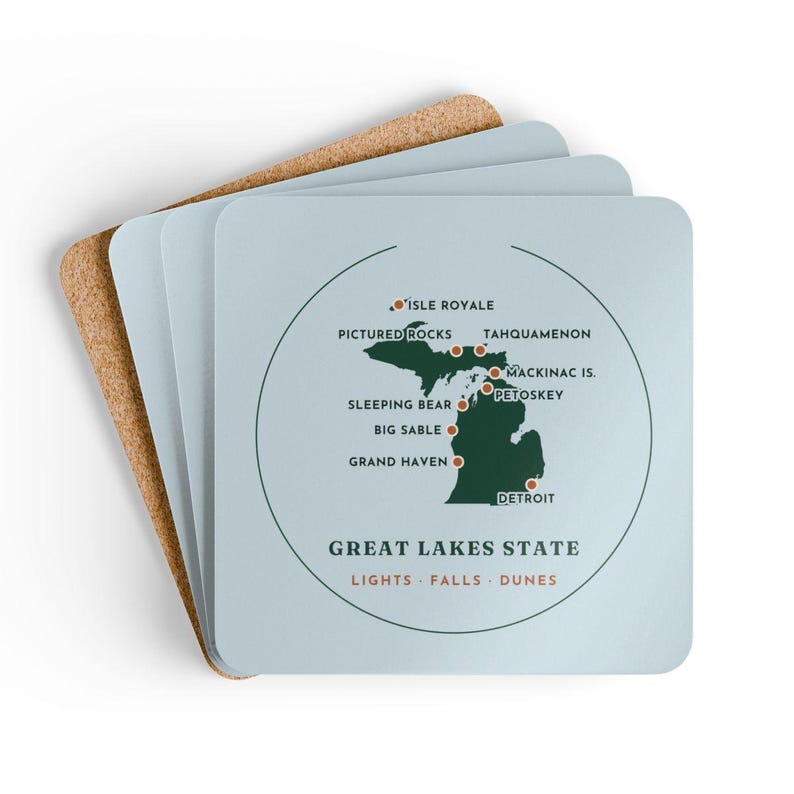 Michigan Mitten Map Coaster Set of 4, Four Identical Coasters, Both Peninsulas with Pinned Places, High-Gloss MDF Top with Cork Back image 6