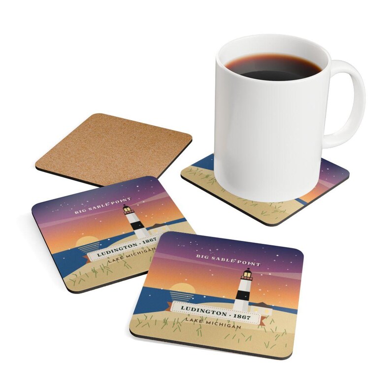Big Sable Point Lighthouse Coaster Set of 4, Four Identical Coasters, Ludington Michigan Gift, High-Gloss MDF Top with Cork Back image 4
