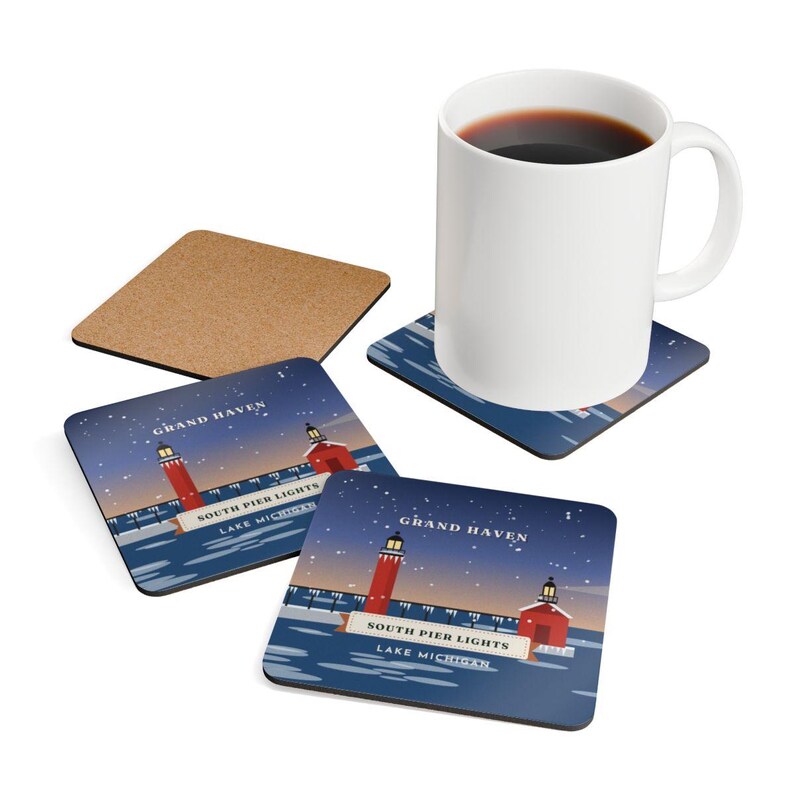 Grand Haven Coaster Set of 4, Four Identical South Pier Lights Coasters, Lake Michigan Lighthouse Gift, High-Gloss MDF Top with Cork Back immagine 4