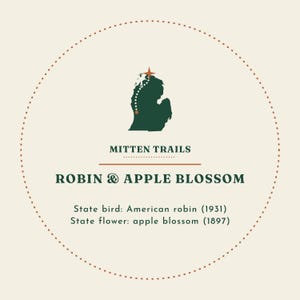 May include: A circular graphic design featuring a dark green silhouette of Michigan with a dotted trail and star. Text reads: MITTEN TRAILS, ROBIN & APPLE BLOSSOM, State bird: American robin (1931), State flower: apple blossom (1897).