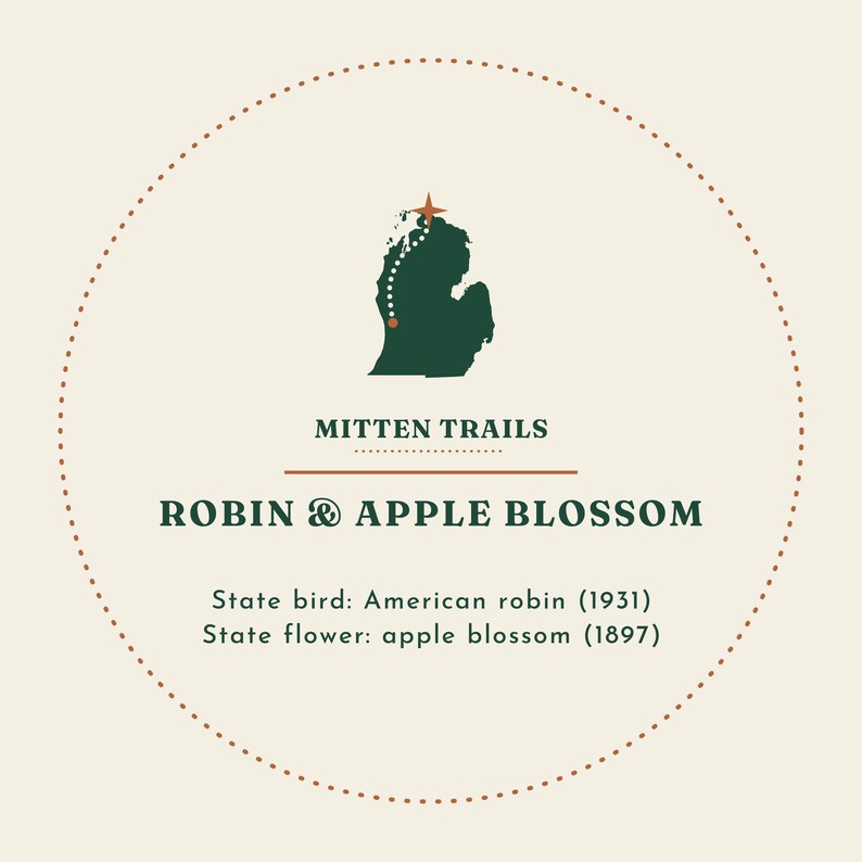 May include: A circular graphic design featuring a dark green silhouette of Michigan with a dotted trail and star. Text reads: MITTEN TRAILS, ROBIN & APPLE BLOSSOM, State bird: American robin (1931), State flower: apple blossom (1897).
