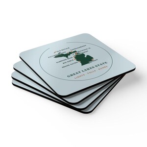 Michigan Mitten Map Coaster Set of 4, Four Identical Coasters, Both Peninsulas with Pinned Places, High-Gloss MDF Top with Cork Back image 2
