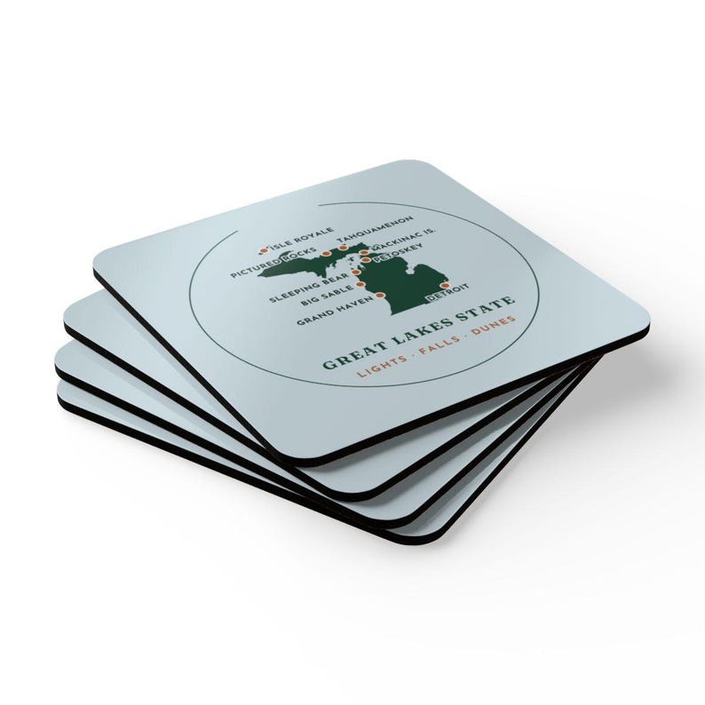 Michigan Mitten Map Coaster Set of 4, Four Identical Coasters, Both Peninsulas with Pinned Places, High-Gloss MDF Top with Cork Back image 2
