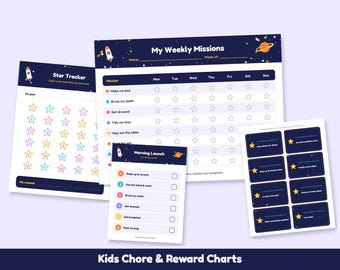 Kids Chore Chart Printable, Reward Chart, Star Tracker, Morning and Bedtime Routine Chart, Reward Coupons, Space Theme, Instant Download