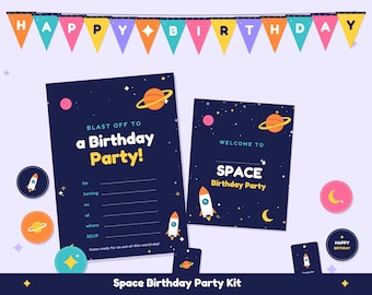 Space Birthday Party Kit Printable, Outer Space Invitation, Rocket Cupcake Toppers, Banner, Favor Tags, Kids Astronaut Party Decor