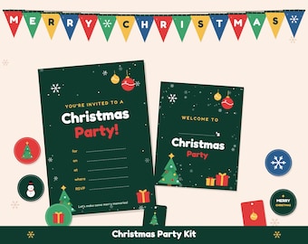Christmas Party Kit Printable, Kids Christmas Invitation, Letter to Santa, Gift Tags, Cupcake Toppers, Merry Christmas Banner, Decor