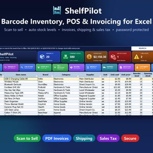 ShelfPilot Barcode Inventory Excel Template, POS Sales Tracker and Invoice Maker, Small Business Stock Management with Shipping & Sales Tax