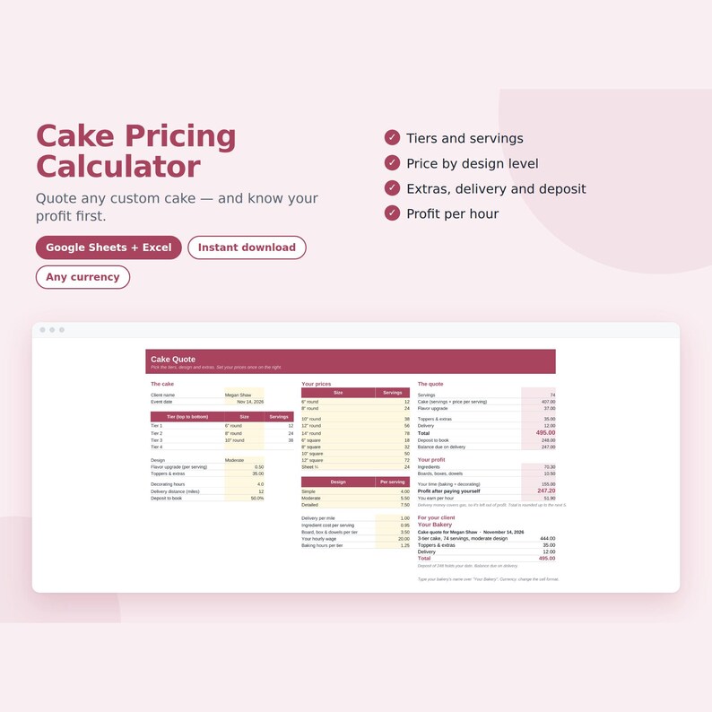 Cake Pricing Calculator Spreadsheet, Custom Cake Quote Template, Tiered Cake Price by Serving, Cake Order Form, Google Sheets & Excel image 1