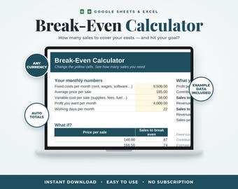 Break-Even-Rechner-Tabelle für Kleinunternehmen, Umsatzzielrechner, Preis- und Gewinnplanung, Google Tabellen & Excel