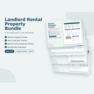 May include: A Landlord Rental Property Bundle digital download featuring four spreadsheets: Rental Property Tracker, Rent Collection Tracker, Rental Income Expense Tracker, and Rental Deal Calculator, compatible with Google Sheets and Excel.