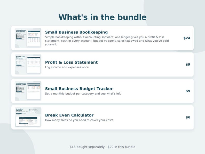 Small Business Bookkeeping Bundle, 4 Spreadsheets, Profit and Loss, Budget, Income Expense Tracker, Cash Flow, Google Sheets & Excel image 2