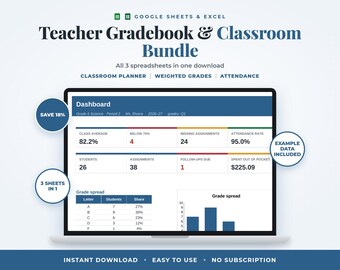 Teacher Gradebook & Classroom Bundle, 3 Spreadsheets, Weighted Grades, Attendance Tracker, Report Card, Google Sheets and Excel