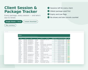 Personal Trainer Client Session Tracker Spreadsheet, Session Package Tracker, Sessions Left and Renewals, Google Sheets & Excel