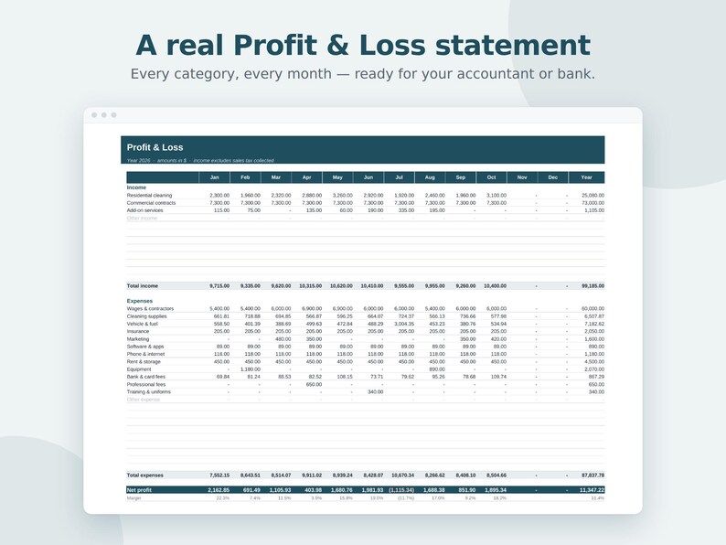 Small Business Bookkeeping Spreadsheet, Profit and Loss, Budget, Income Expense Tracker, Cash Flow, Google Sheets & Excel Template image 3