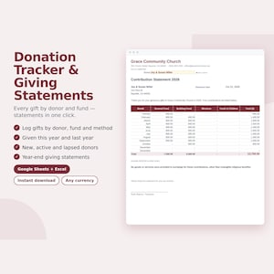 Donation Tracker Spreadsheet, Nonprofit Donor Database, Year End Giving Statement, Tithe Tracker, Google Sheets & Excel Template image 1