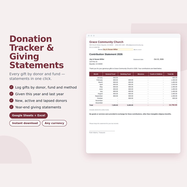Donation Tracker Spreadsheet, Nonprofit Donor Database, Year End Giving Statement, Tithe Tracker, Google Sheets & Excel Template image 1