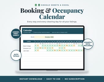 Airbnb-Buchungskalender-Tabelle, Reinigungsplan, Belegungsübersicht für Google Sheets & Excel, Vorlage für Ferienwohnungsvermieter