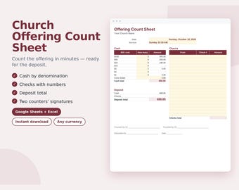 Church Offering Count Sheet, Tithes and Offering Counting Form, Cash and Check Deposit Sheet, Church Treasurer, Google Sheets & Excel