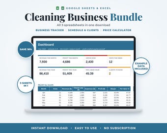 Cleaning Business Bundle, 3 Spreadsheets, House Cleaning Schedule, Client Tracker, Cleaner Pay, Invoice, Google Sheets & Excel