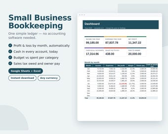 Small Business Bookkeeping Spreadsheet, Profit and Loss, Budget, Income Expense Tracker, Cash Flow, Google Sheets & Excel Template
