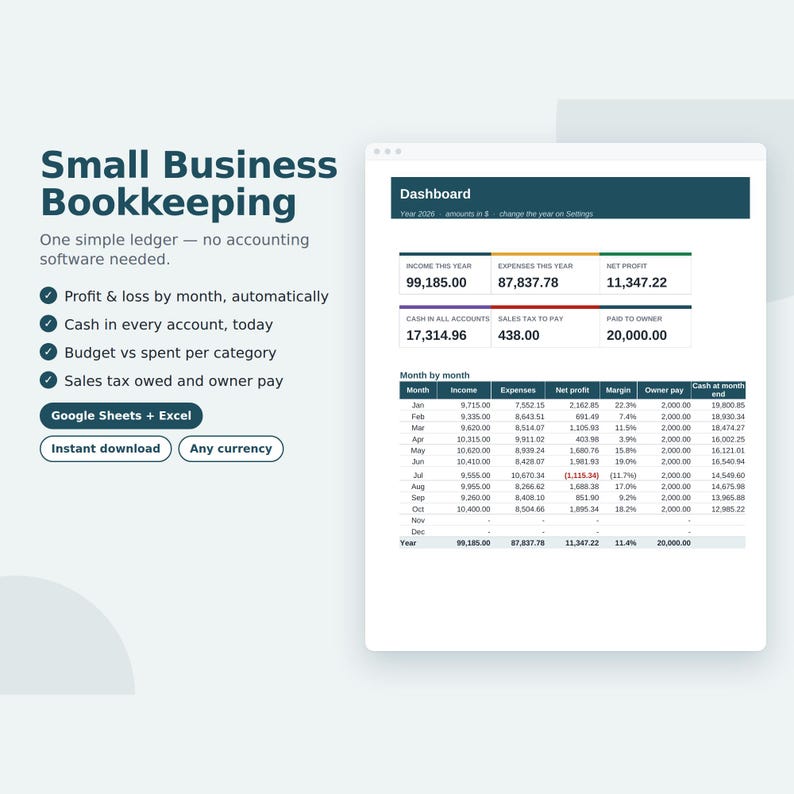 Small Business Bookkeeping Spreadsheet, Profit and Loss, Budget, Income Expense Tracker, Cash Flow, Google Sheets & Excel Template image 1