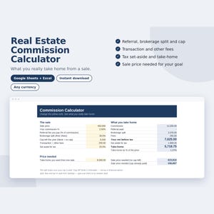 May include: A digital Real Estate Commission Calculator template for Google Sheets and Excel. The interface displays fields for sale price, commission percentages, brokerage splits, and tax set-asides to calculate net take-home pay.