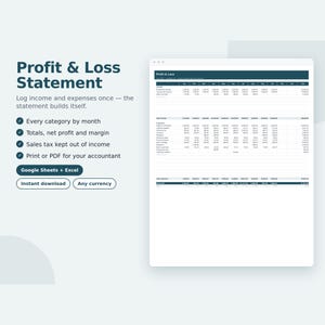 Profit and Loss Statement Template Spreadsheet, Monthly P&L for Small Business, Income Statement, Google Sheets and Excel image 1