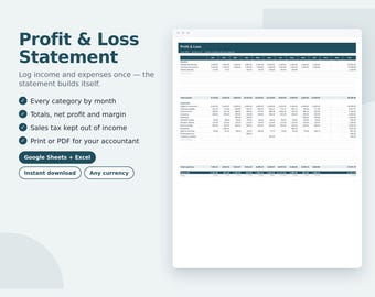 May include: A digital Profit & Loss Statement template for Google Sheets and Excel. The layout features a dark blue header, monthly income and expense columns, and a net profit summary. Text includes 'Profit & Loss Statement', 'Google Sheets + Excel', and 'Instant download'.
