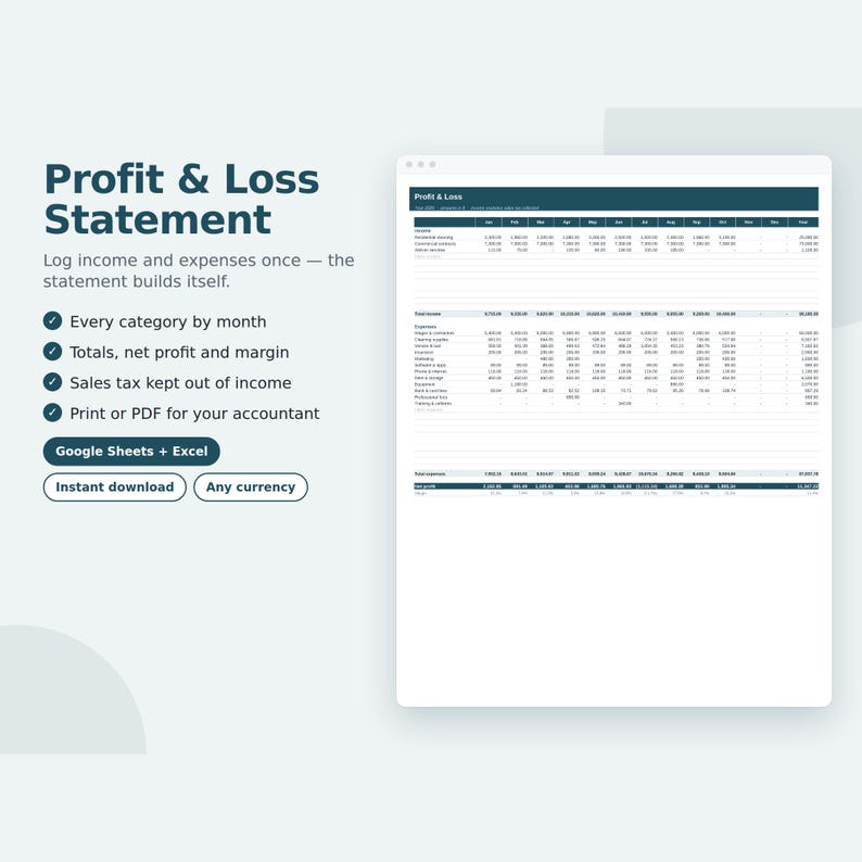 Profit and Loss Statement Template Spreadsheet, Monthly P&L for Small Business, Income Statement, Google Sheets and Excel image 1