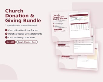 May include: A digital Church Donation & Giving Bundle featuring three spreadsheets for Google Sheets and Excel. The layout includes a Church Donation Giving Tracker, Donation Tracker Giving Statements, and a Church Offering Count Sheet with dark red text on a light background.