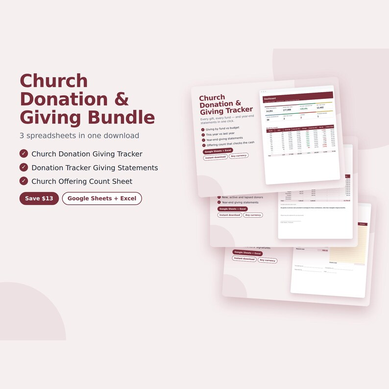 Church Donation & Giving Bundle, 3 Spreadsheets, Tithe and Offering Tracker, Giving Statements, Offering Count, Google Sheets and Excel image 1